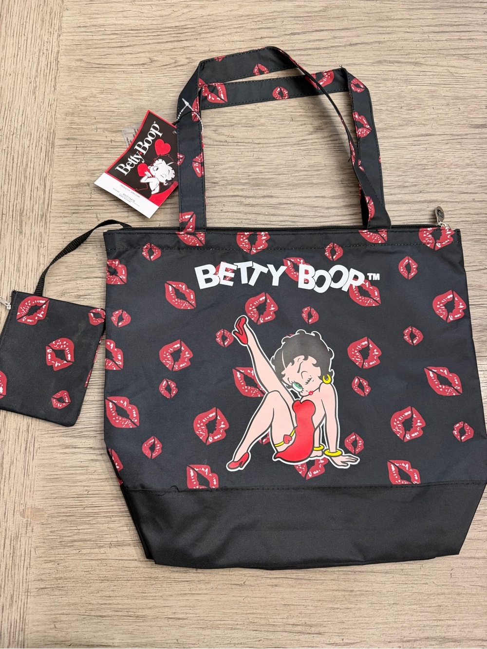 Betty Boop Black Tote with Red Lip Print and Character Graphic